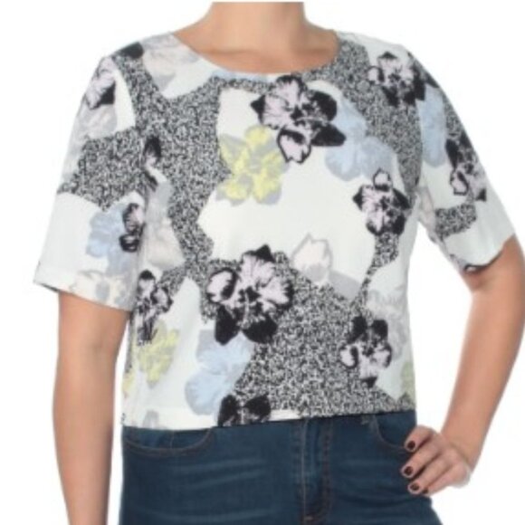 BAR  III Black & White Multicolor Floral Printed Short Sleeve Jewel Neck Top S - Picture 1 of 13